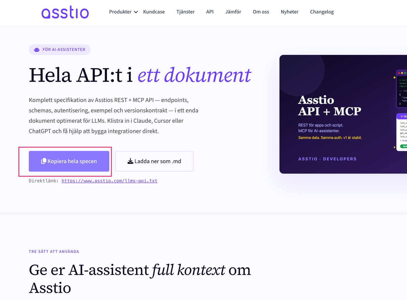 Skärmbild av asstio.com/api-sidan med en stor "Kopiera hela specen"-knapp