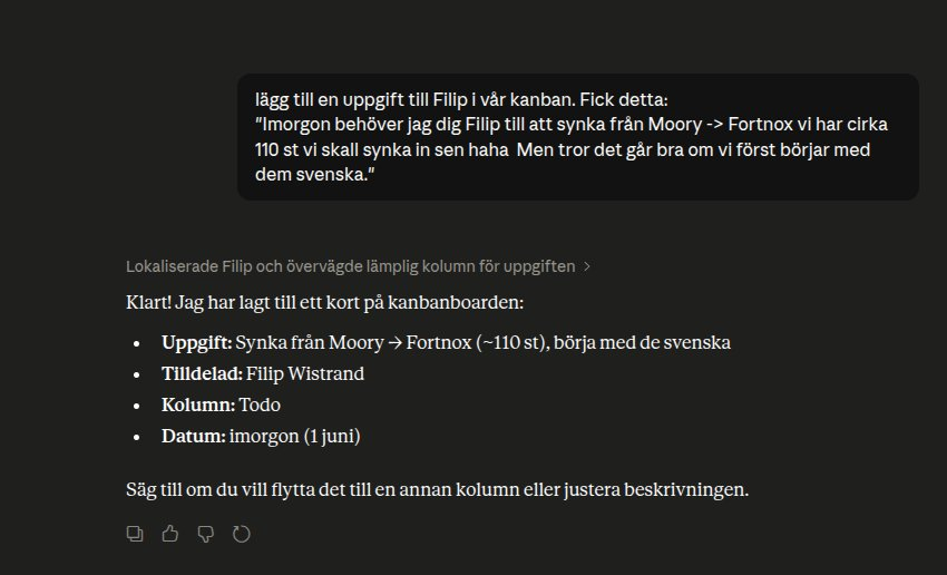 Användaren ber Claude lägga in en uppgift i Asstio kanban